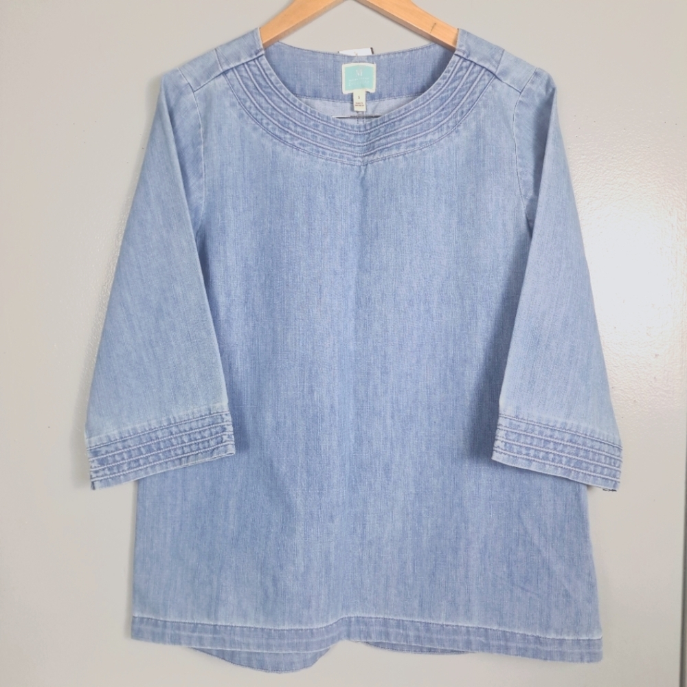 Martha Stewart Denim 3/4 Sleeve Tunic Top Light Indigo Small Loose Fit